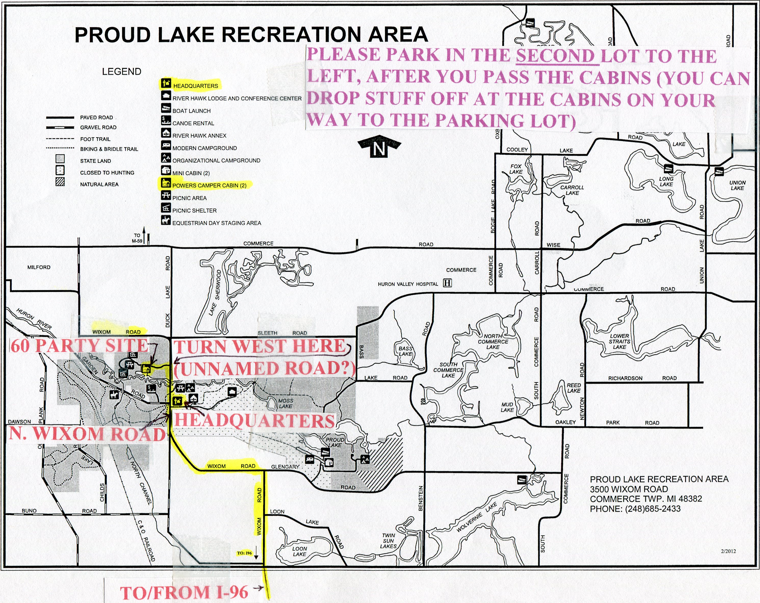 Proud Lake Recreation Area, note location of "60 Party Site", and "Headquarters"